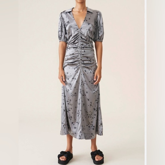 GANNI Silk Stretch Satin Silver Dress sz 36/ US S $575 - Picture 1 of 12